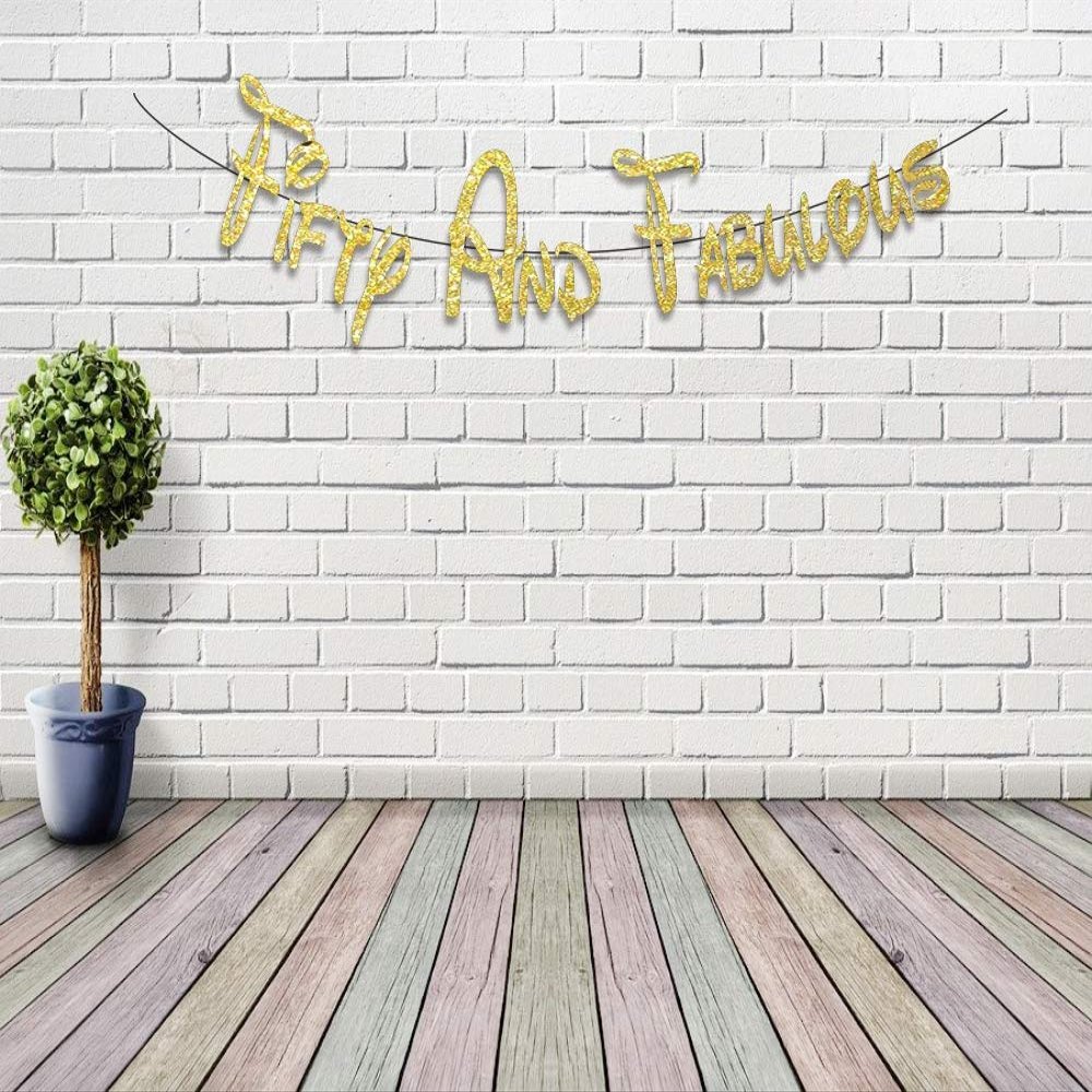 Gold Glittery Banner Years Birthday Banner Fifty And Fabulous Photo Prop Happy Birthday Sign Anniversary Celebrate Decor Glitter Party Decoration Supplies