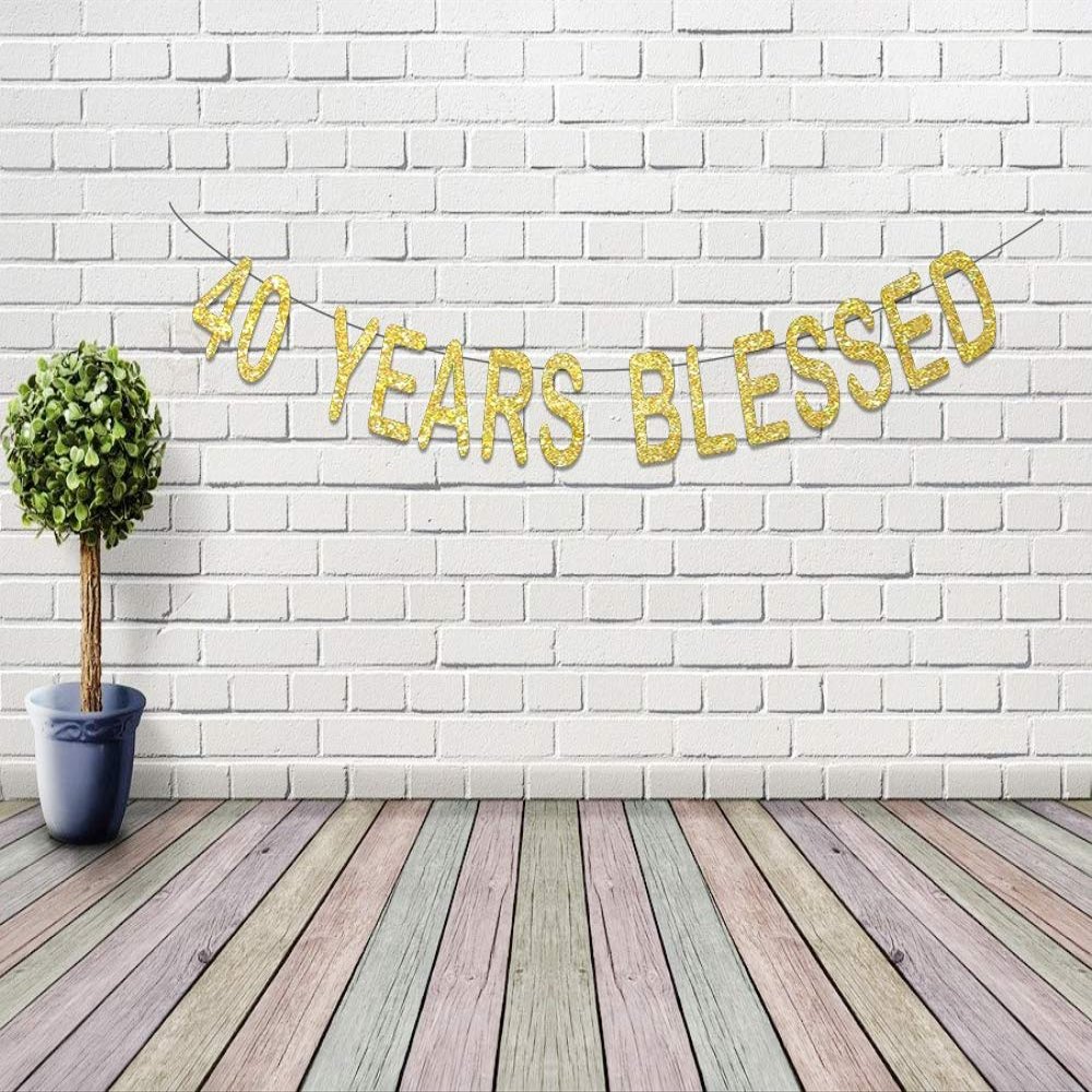 Gold Glittery Banner Years Birthday Banner 40 Years Blessed Photo Prop Happy Birthday Sign Anniversary Celebrate Decor Glitter Party Decoration Supplies