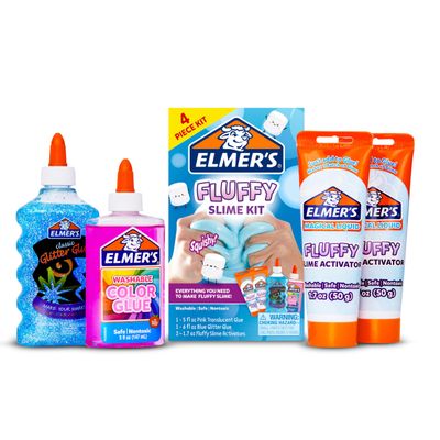 Elmers Fluffy Slime Kit, Includes Translucent Color Glue, Glitter Glue, Fluffy Slime Activator, 4 Count - Perfect for Birthday Parties, Gift Idea, Kids Activity