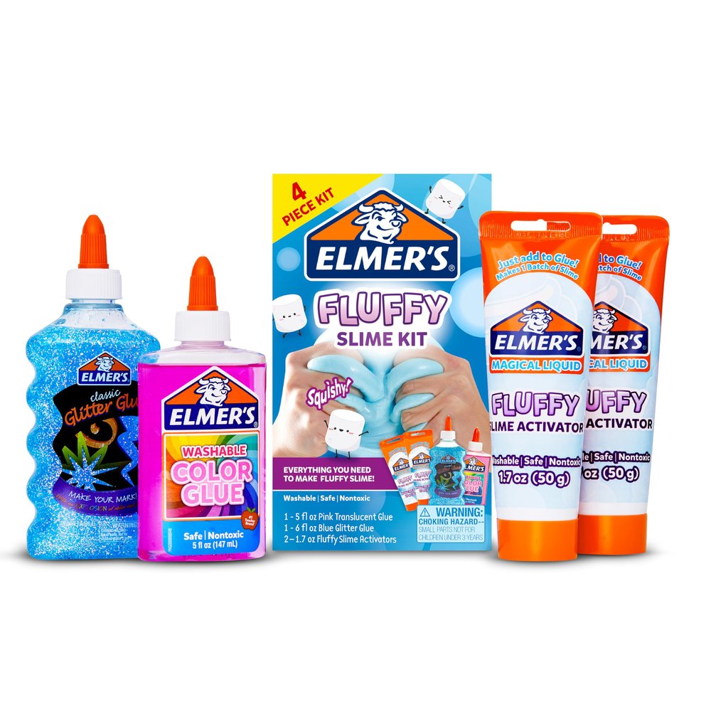 Elmers Fluffy Slime Kit, Includes Translucent Color Glue, Glitter Glue, Fluffy Slime Activator, 4 Count - Perfect for Birthday Parties, Gift Idea, Kids Activity