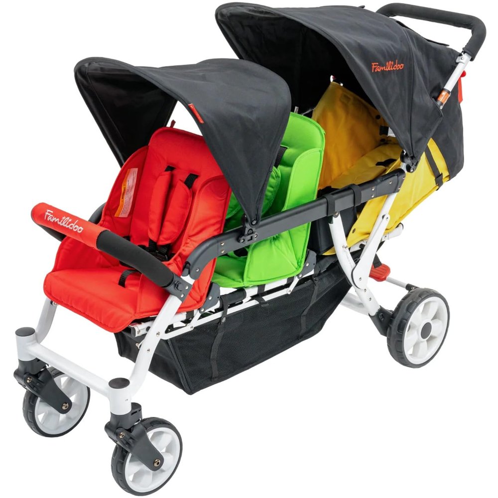 Familidoo H3E 3 Seat Baby Stroller - Tandem Daycare Triple Stroller with 5 Point Safety Harness - for Infants & Toddlers 0-3 Years - Lightweight & Foldable - All Reclining Seats