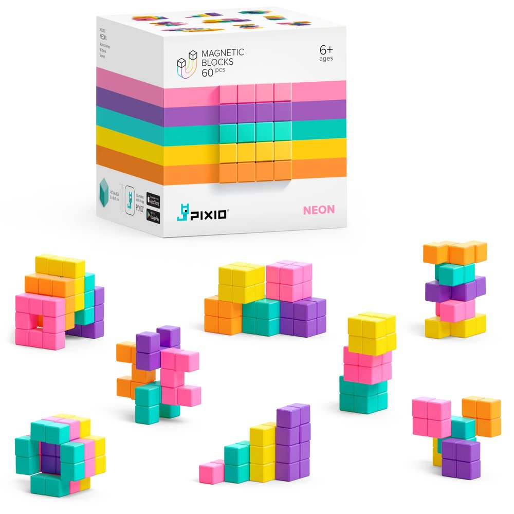 PIXIO NEON - Tiny Magnetic Blocks Building Toy in The Pixel Art Style with Free App - 5/16" Plastic Cubes with 6 Magnets Inside - Open Ended Toy - Creativity Kit for Ages 6+ - 60pcs