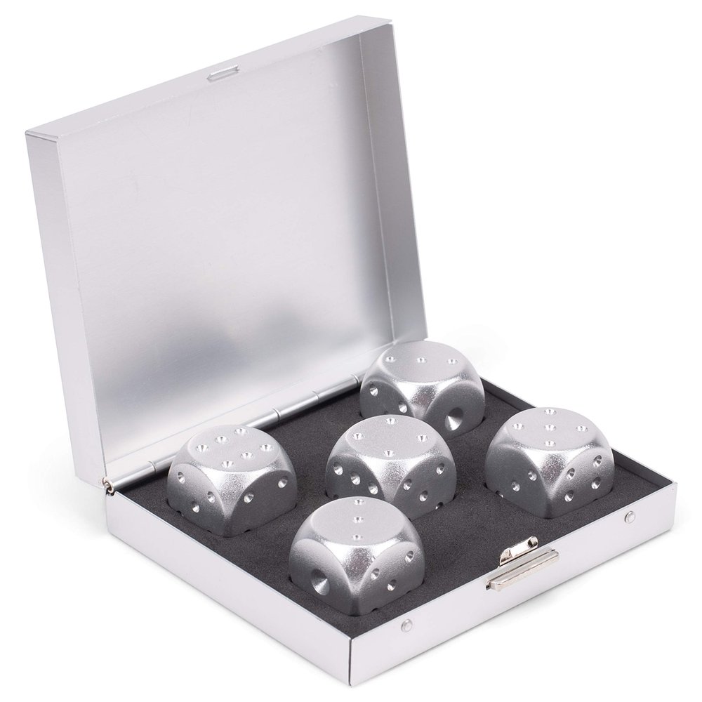 Brushed Silver Tone 3 x 2 Stainless Steel Metal Standard Dice Boxed Set of 5