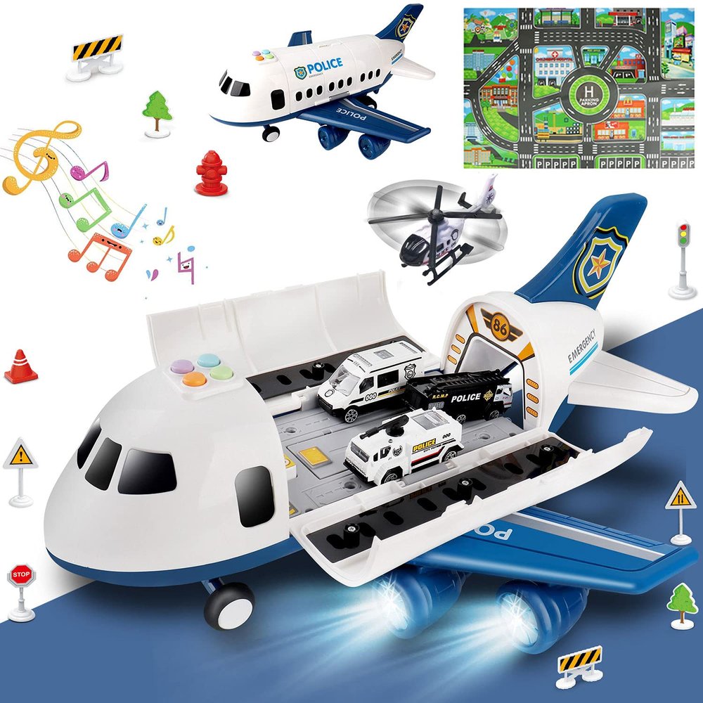 Dwi Dowellin Toddler Toys Car for Boys:Boy Toy Transport Cargo Airplane|Kid Toys 20 in 1 Carrier Vehicle Police Toys for Kids Age 2-4 3-5 4-7 Year Old Boys Girls