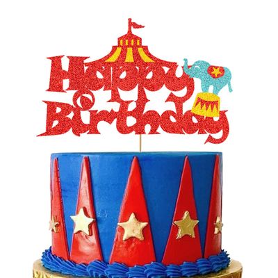 Vivicraft Glitter Circus Cake Topper, Vintage Circus Tent Carnival Themed Happy Birthday Party Decorations for Photo Booth Props Cake Smash, Cake Decor for Kids Baby Shower Parties(6.7*4.6)