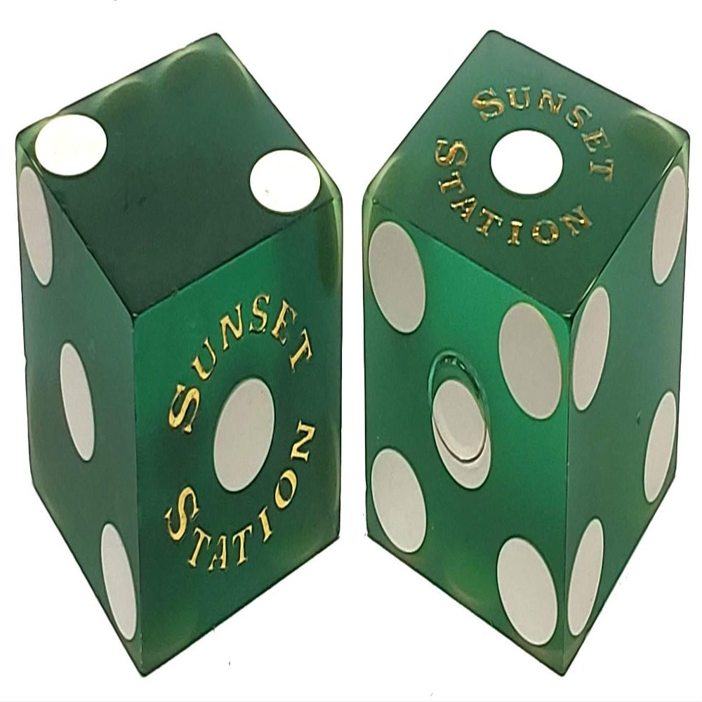 19mm Craps Dice Pair Matching Serial Numbers - Authentic Las Vegas Casino Table-Played Dice (Sunset Station (Green Frosted))