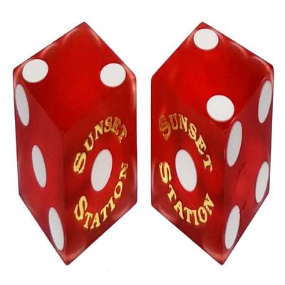 19mm Craps Dice Pair Matching Serial Numbers - Authentic Las Vegas Casino Table-Played Dice (Sunset Station (Red Frosted))