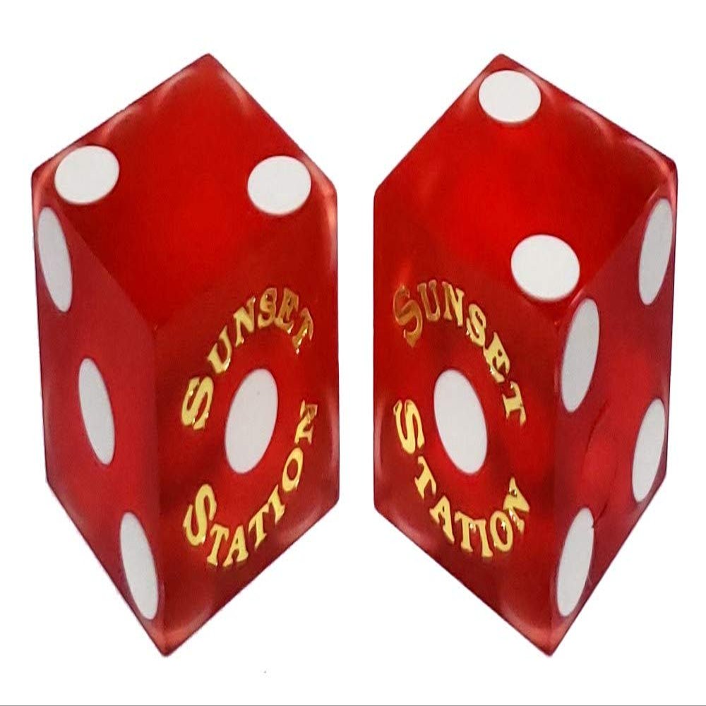19mm Craps Dice Pair Matching Serial Numbers - Authentic Las Vegas Casino Table-Played Dice (Sunset Station (Red Frosted))