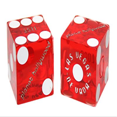 19mm Craps Dice Pair Matching Serial Numbers - Authentic Las Vegas Casino Table-Played Dice (Planet Hollywood (Red Polished))