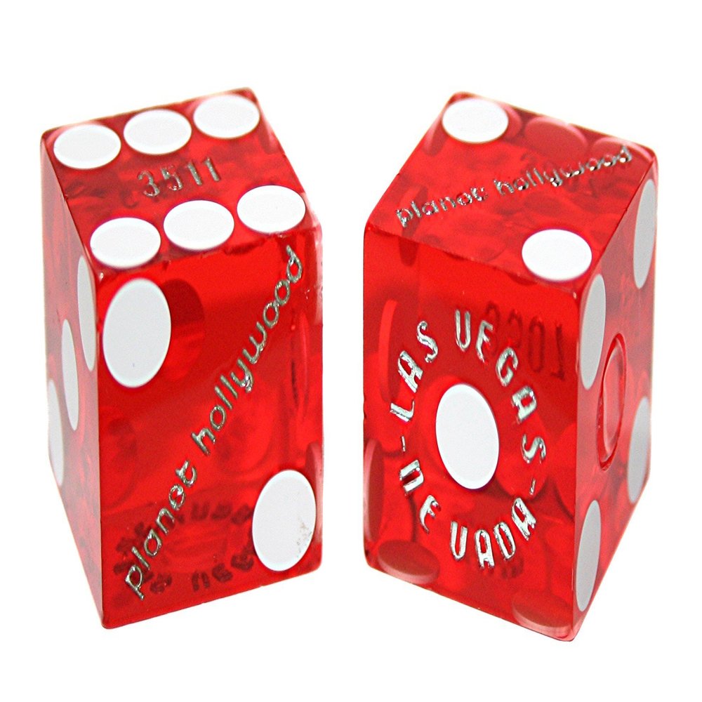 19mm Craps Dice Pair Matching Serial Numbers - Authentic Las Vegas Casino Table-Played Dice (Planet Hollywood (Red Polished))