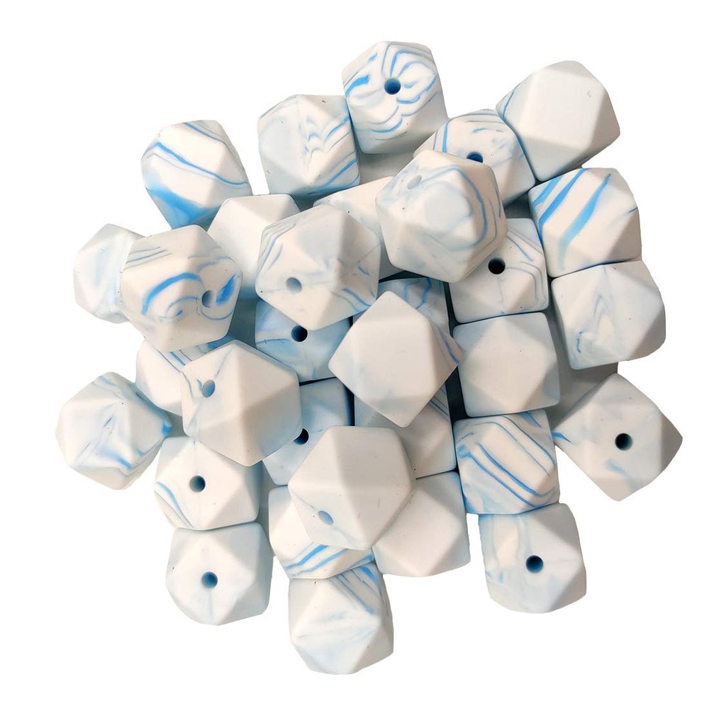50pcs Dark Marble Blue Color 14mm Silicone Hexagon Pearl Beads Silicone Geometry Spacer Beads for DIY Beading Mom Jewelry Necklace Making