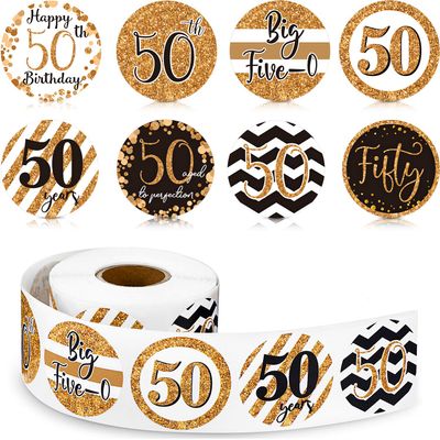600 Pieces 50th Birthday Roll Stickers, Black Gold Round Shape Candy Present Labels for 50th Birthday Party Favor Anniversary Party Supplies, 1.5 x 1.5 Inch
