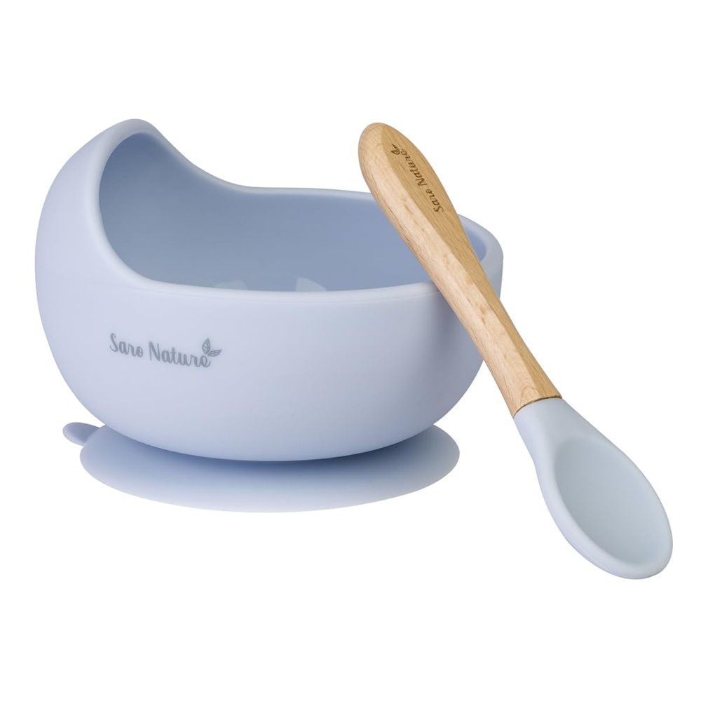 Saro Nature by Kalencom"Wave" Feeding Set - Baby's Feeding Bowl and Spoon Set - Includes 1 Silicone Bowl with Suction Cup Base and 1 Silicone/Beechwood Spoon (Blue)