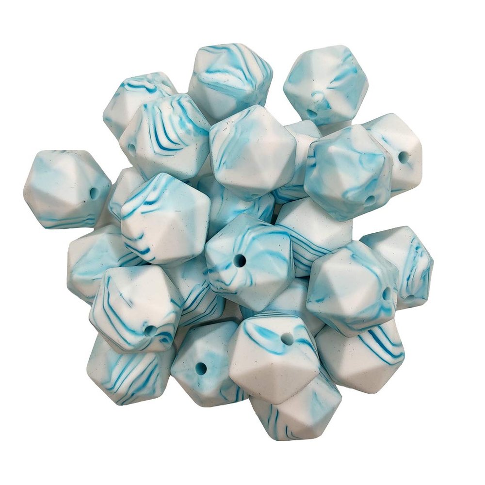 30pcs Marble Teal Color 14mm Silicone Polyhedron Beads Silicone Geometry Icosahedron Beads for Mom Jewelry Necklace Making