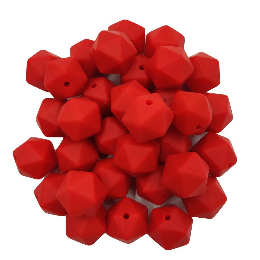 30pcs Scarlet Red Color 14mm Silicone Polyhedron Beads Silicone Geometry Icosahedron Beads for Mom Jewelry Necklace Making