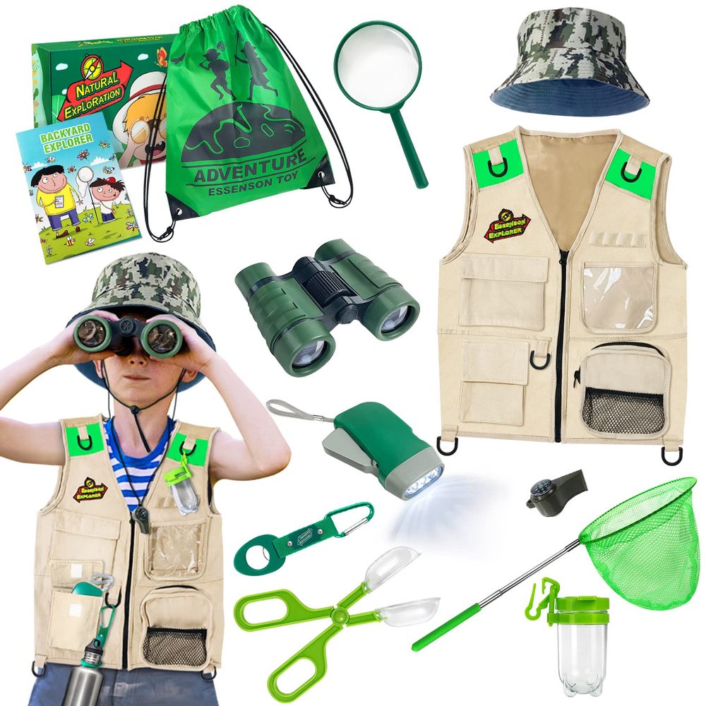 ESSENSON Outdoor Explorer Kit & Bug Catcher Kit with Vest, Outdoor Toy Gift for 3 4 5 6 7 8+ Year Old Boys Girls Kids Binoculars, Magnifying Glass, Butterfly Net, Camping, Adventure