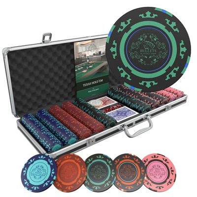 Bullets Playing Cards | Poker Set Corrado | 500 Clay Poker Chips (14 g) with Aluminum Case & Playing Cards  Texas Holdem, Blank Chips Without Denominations