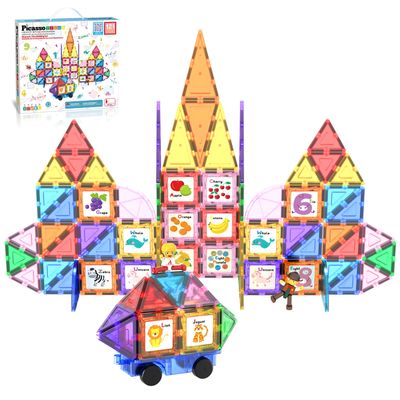 PicassoTiles 121 pc Master Builder Magnetic Building Block Construction Set Magnet Tiles Blocks with Car Truck, 2 Character Action Figures, 28 Educational Alphabet Animal and Number Graphics, Windmill
