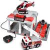 Fire and Rescue Garage Lights and Sounds Toy Set for Kids | Working Intercom with Open and Close Parking Garage and Vehicle Lift | Playset Includes Helicopter and Fire Truck with Friction Motor view 1