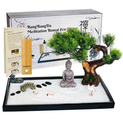 BangBangDa Japanese Zen Garden Kit for Desk - Meditation Rock Sand Garden for Birthday Gift Office Home Desktop Relaxation Decor Bamboo Rakes Bonsai Tree Pagoda Accessories Tools Kits