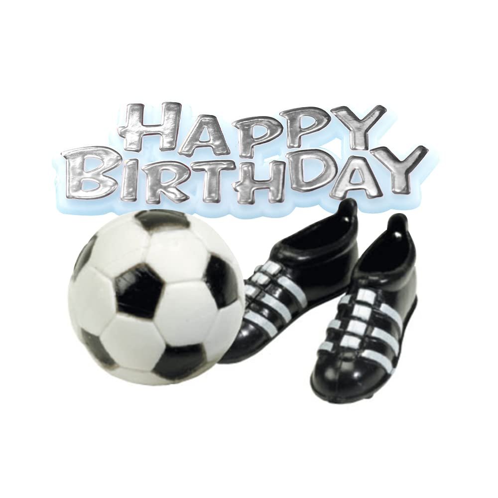 Anniversary House Football Cake Decorations, Football Cake Topper, Football Birthday Decorations, Cake Decorations for Men, Football, Boots & Silver Happy Birthday Motto, Pack of 4, BU040