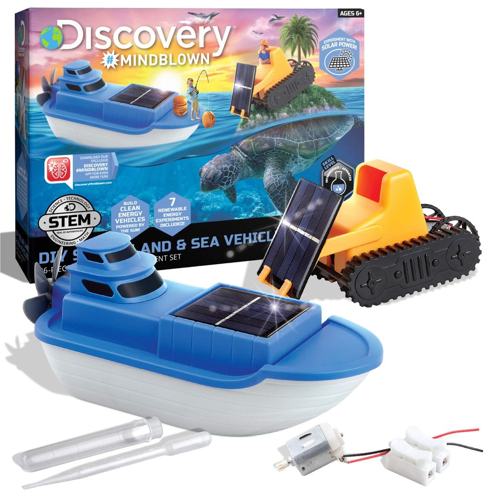 Discovery Kids #MINDBLOWN Solar Land and Sea Vehicles, Kids DIY STEM 26-Piece You-Build-It Experiment Set for Children Ages 6+ and Older, 7 Renewable Energy Hands-On Learning Activities