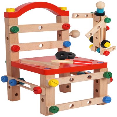 Wooden Nuts and Bolts Set - Construction Work Bench Chair - Wooden Construction Kits for Kids - Compatible with TOWO Nuts Bolts Set