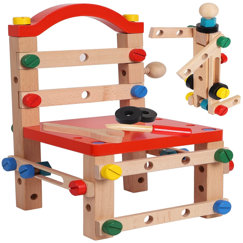Wooden Nuts and Bolts Set - Construction Work Bench Chair - Wooden Construction Kits for Kids - Compatible with TOWO Nuts Bolts Set