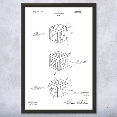 Framed Dice Print, Casino Wall Art, Pit Boss, Dice Player Gifts, Game Room Art, Dice Decor, Retro Dice, Dice Design Black & White (12x16)