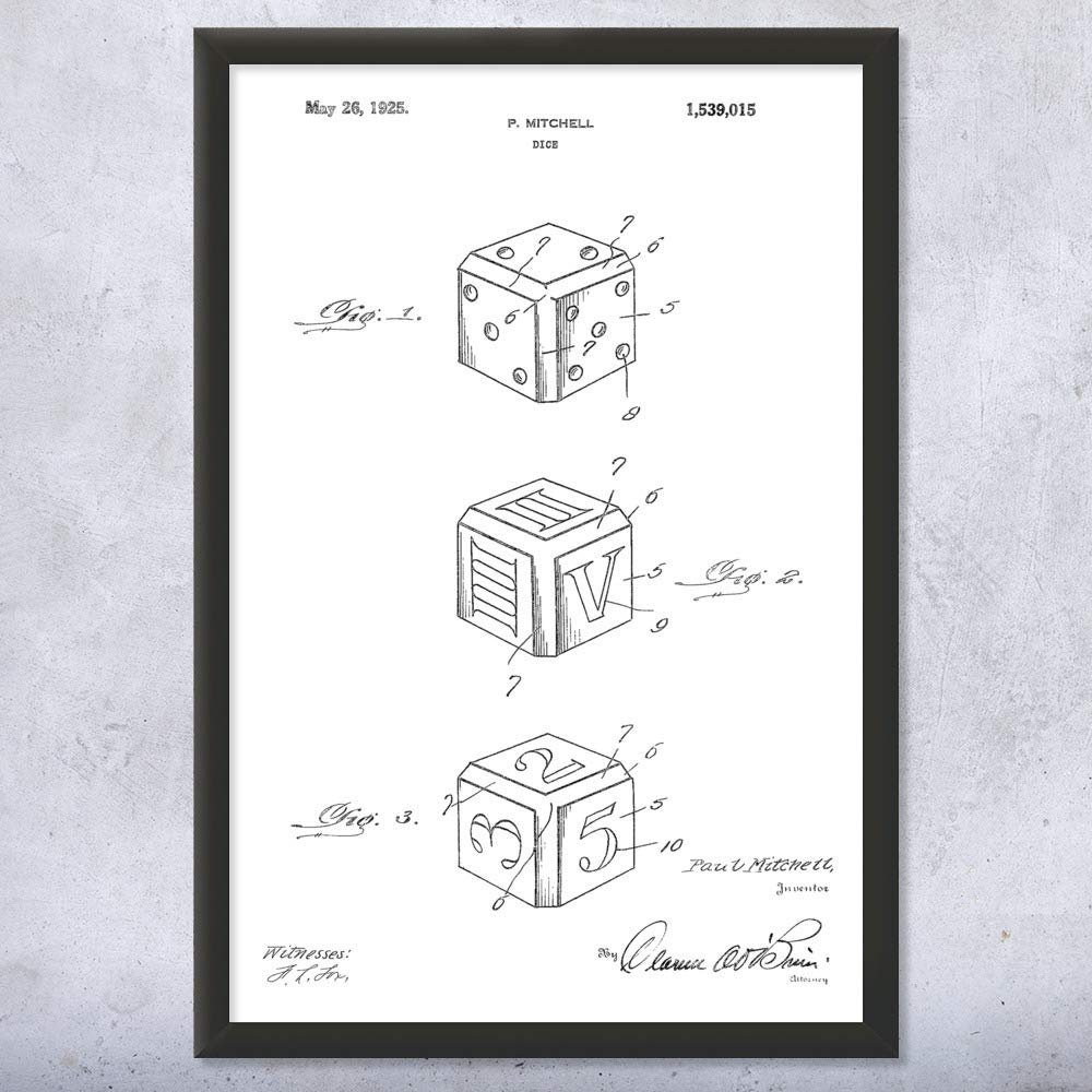 Framed Dice Print, Casino Wall Art, Pit Boss, Dice Player Gifts, Game Room Art, Dice Decor, Retro Dice, Dice Design Black & White (12x16)