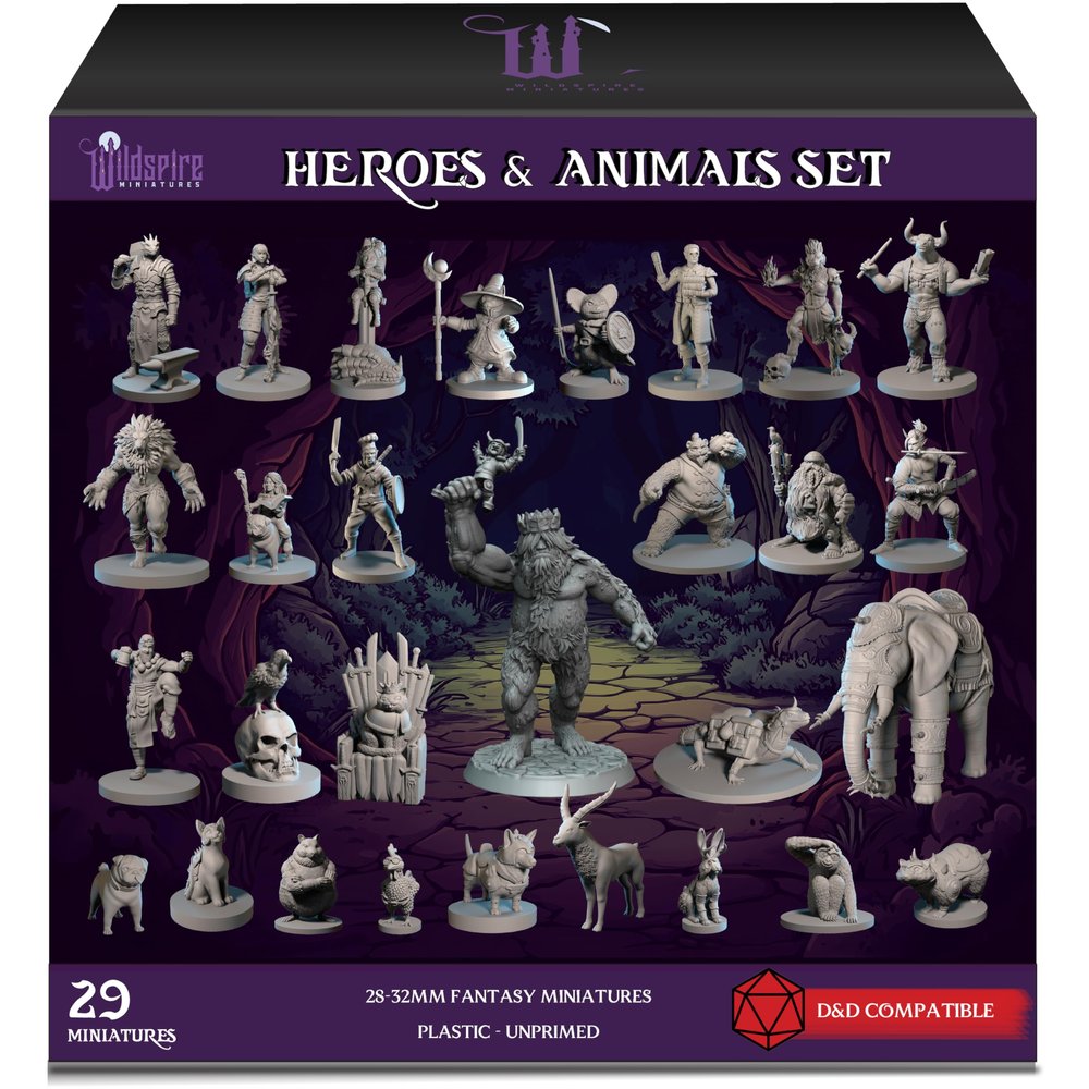 Wildspire Heroes, NPC Animal Companions & Troll King for DND Miniatures Bulk 28mm-32mm Unpainted Paintable Dungeons and Dragons Minis Pathfinder Figures for Fantasy Tabletop Roleplaying Games like D&D