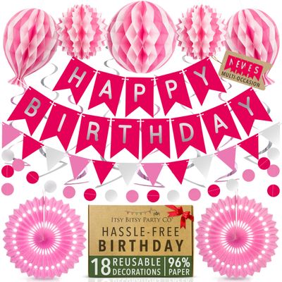 Premium Reusable Happy Birthday Decorations for Women and Girls Pink Party Decorations, Multi-occasion Banner, Pennant Banner, Paper Fans - Party Decor by Itsy Bitsy Party Co