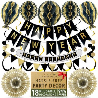 Premium Reusable Birthday Decorations - Multi-occasion Happy Birthday Banner also spells Party Day + more, Fast Assembly with Velcro - Black and Gold Party Decorations for Men and Women