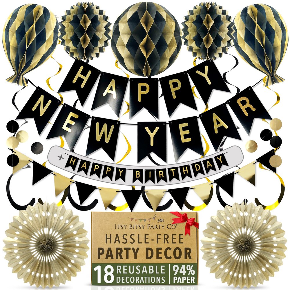 Premium Reusable Birthday Decorations - Multi-occasion Happy Birthday Banner also spells Party Day + more, Fast Assembly with Velcro - Black and Gold Party Decorations for Men and Women