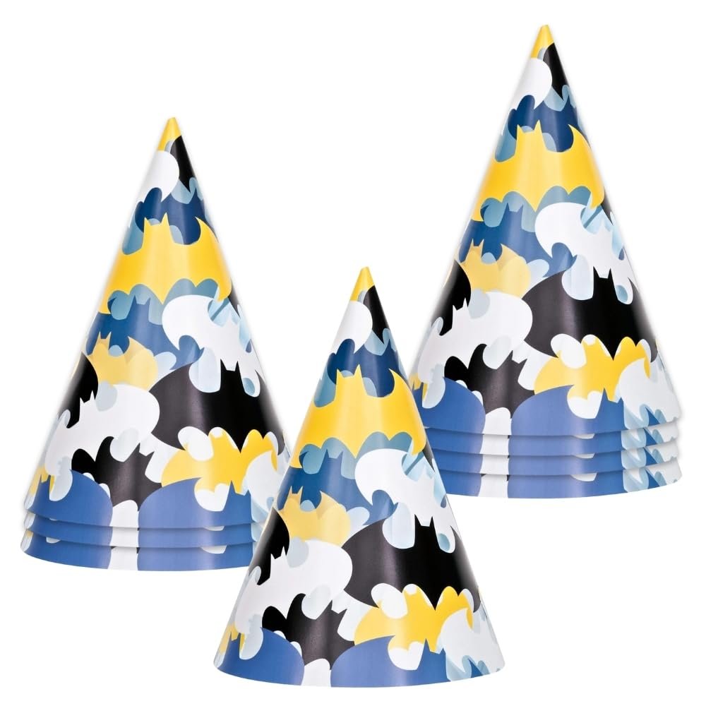 Batman Paper Party Hats (Pack of 8) - Multicolor Party Accessories, Perfect for Kids Birthdays & Themed Parties