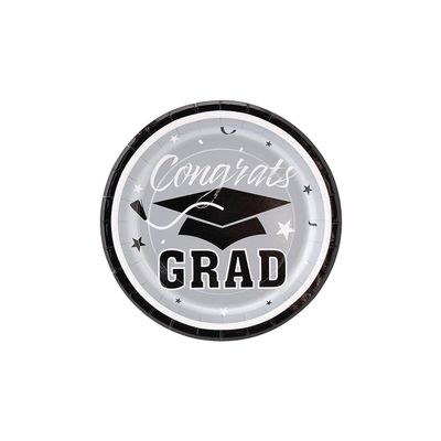 Fun Express Silver Congrats Grad Paper Dessert Plates - Disposable Dinner Dessert Paper Plates for Congrats Grad Party Decorations - Graduation Party Supplies - Holiday Gathering Tableware - 25 Pieces