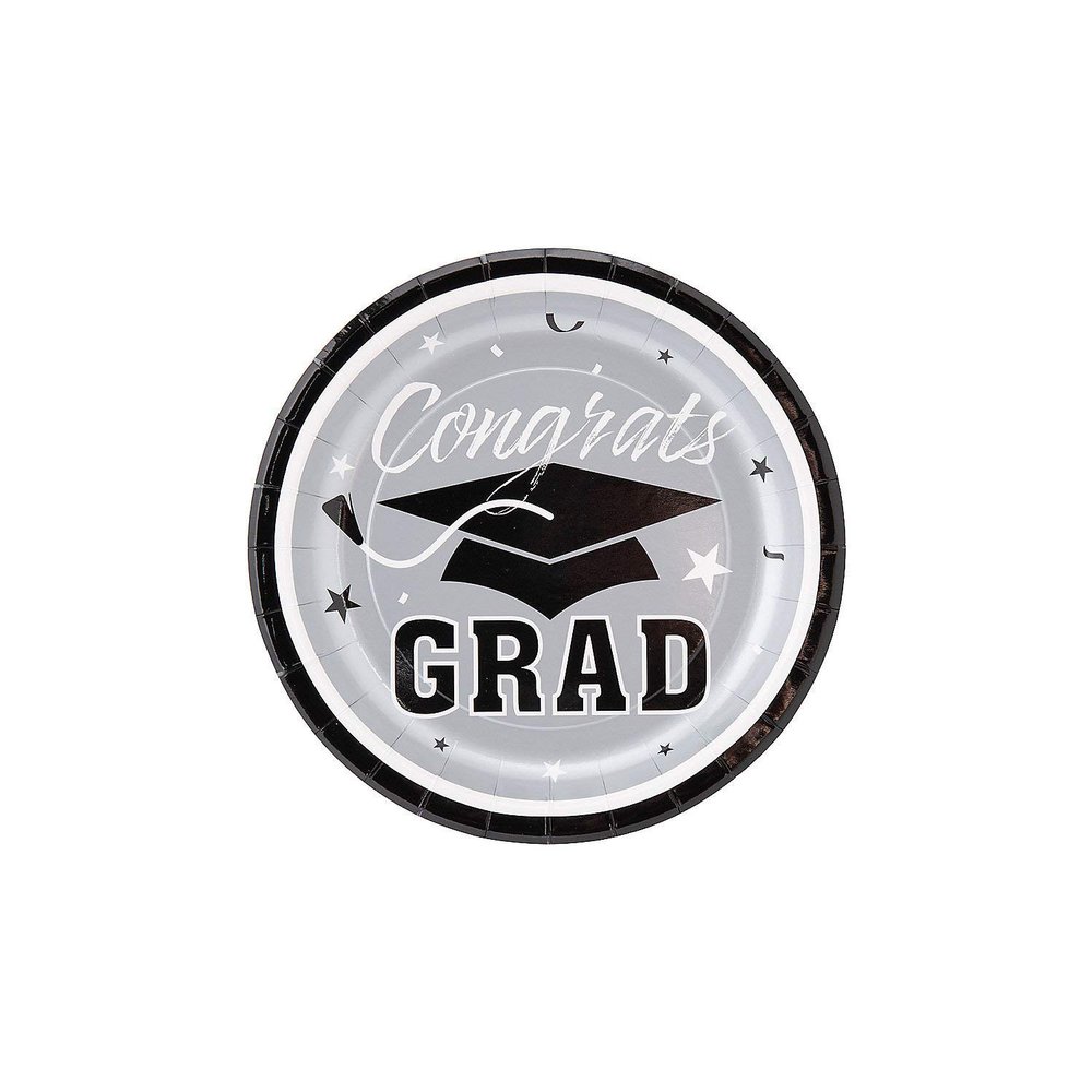 Fun Express Silver Congrats Grad Paper Dessert Plates - Disposable Dinner Dessert Paper Plates for Congrats Grad Party Decorations - Graduation Party Supplies - Holiday Gathering Tableware - 25 Pieces