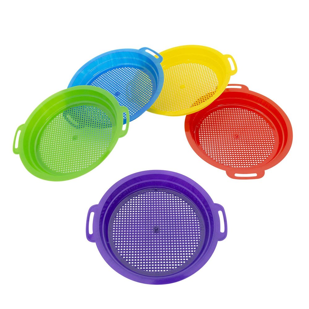 Fun Express 5-Piece Sand Sieve Sifter Set - Colorful Beach Toy Set Kids Outdoor Play & Sand Fun - Perfect Beach Days Receptions & Special Occasions - 9 Inch (Red Blue Yellow Purple & Green) - 5 Pieces
