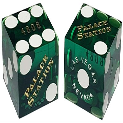 19mm Craps Dice Pair Matching Serial Numbers - Authentic Las Vegas Casino Table-Played Dice (Palace Station (Green Polished))