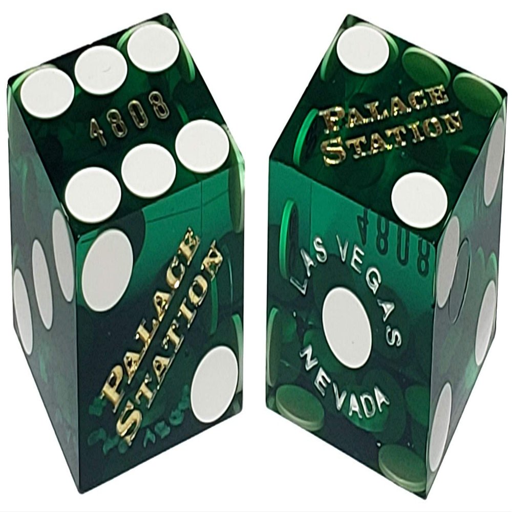 19mm Craps Dice Pair Matching Serial Numbers - Authentic Las Vegas Casino Table-Played Dice (Palace Station (Green Polished))