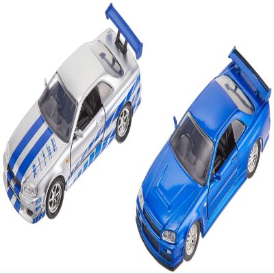 Fast & Furious Brian's Nissan Skyline GT-R R34 Silver & Nissan GT-R R34 Blue 1:32 Die - cast Car, Toys for Kids and Adults
