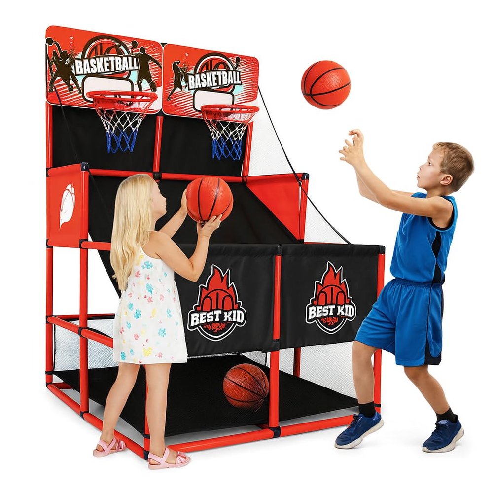 BESTKID BALL Kids Basketball Hoop Double Shot System Arcade Game Set: Indoor & Outdoor Sports Toys for Boys & Girls, Includes Ball & Shot Counter, Ideal Party Gifts for Little Athletes Ages 3-9.