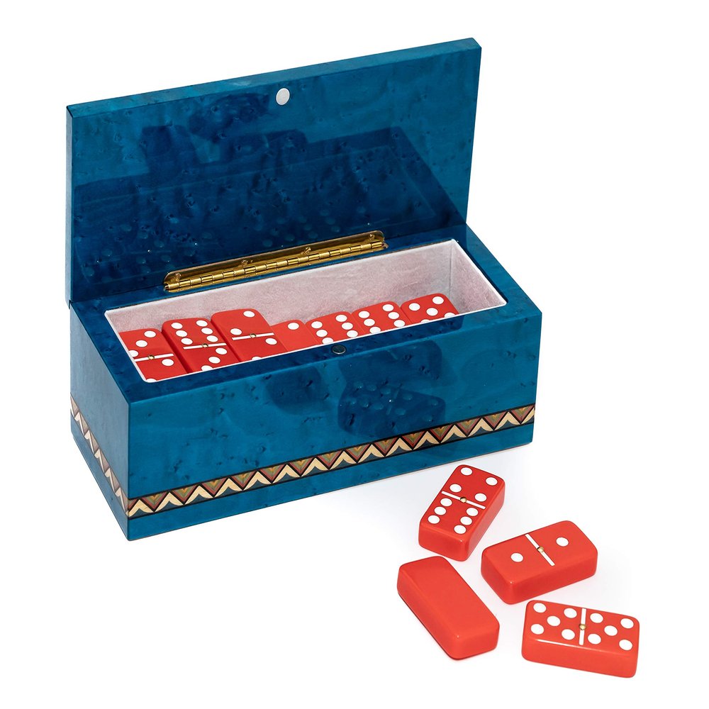 Bello Collezioni - Piazza Di Spagna Luxury Double Six Red Professional Jumbo Size Tournament Dominoes Set with Spinners from Italy in a Blue Briarwood Case