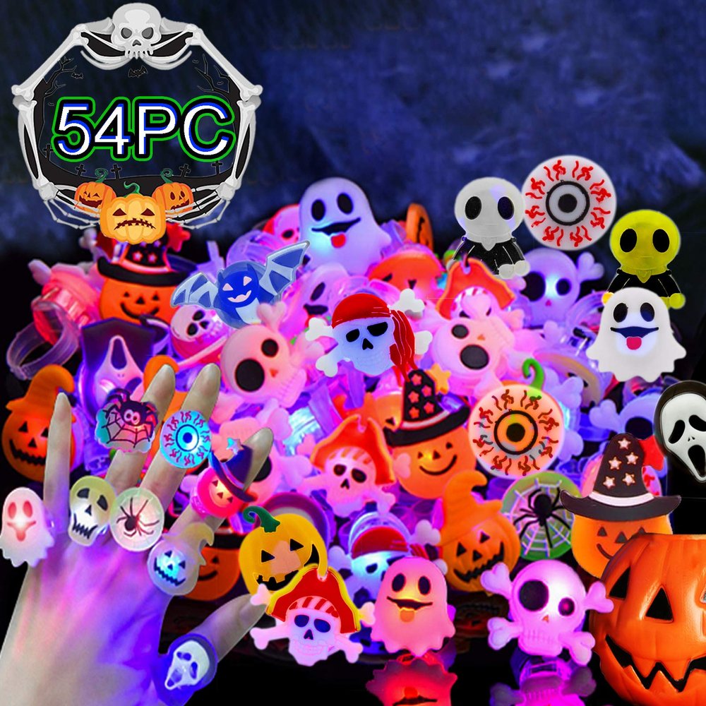 LanMa 54PC Halloween Light Up Ring Halloween Party Favors LED Glow Ring for Kids Non Candy Gift ( 12 Styles Flashing Rings )