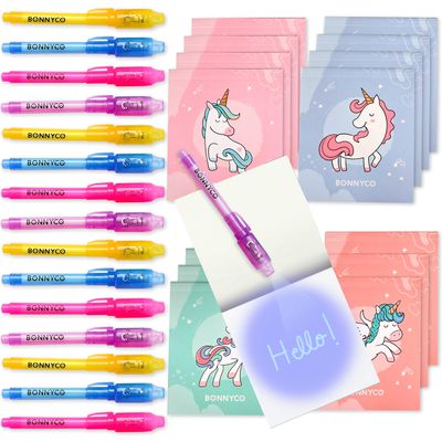 BONNYCO Invisible Ink Pen and Notebook Pack 16, Unicorn Party Favors for Kids. Magic Spy Pen Goodie Bags Stuffers for Kids, Unicorn Birthday Party Supplies. Goody Bag Stuffers, Return Gifts Prizes