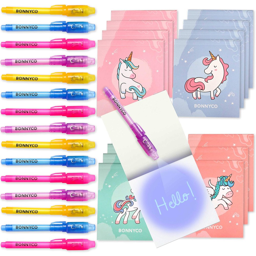 BONNYCO Invisible Ink Pen and Notebook Pack 16, Unicorn Party Favors for Kids. Magic Spy Pen Goodie Bags Stuffers for Kids, Unicorn Birthday Party Supplies. Goody Bag Stuffers, Return Gifts Prizes