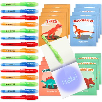 BONNYCO Invisible Ink Pen and Notebook Pack 16, Dinosaur Party Favors for Kids. Magic Spy Pen Goodie Bags Stuffers for Kids, Dinosaur Birthday Party Supplies. Goody Bag Stuffers, Return Gifts Prizes