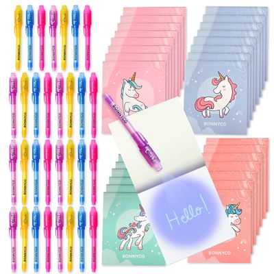 BONNYCO Invisible Ink Pen and Notebook Pack 32, Unicorn Party Favors for Kids. Magic Spy Pen Goodie Bags Stuffers for Kids, Unicorn Birthday Party Supplies. Goody Bag Stuffers, Return Gifts Prizes