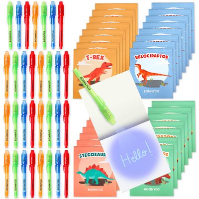BONNYCO Invisible Ink Pen and Notebook Pack 32, Dinosaur Party Favors for Kids. Magic Spy Pen Goodie Bags Stuffers for Kids, Dinosaur Birthday Party Supplies. Goody Bag Stuffers, Return Gifts Prizes