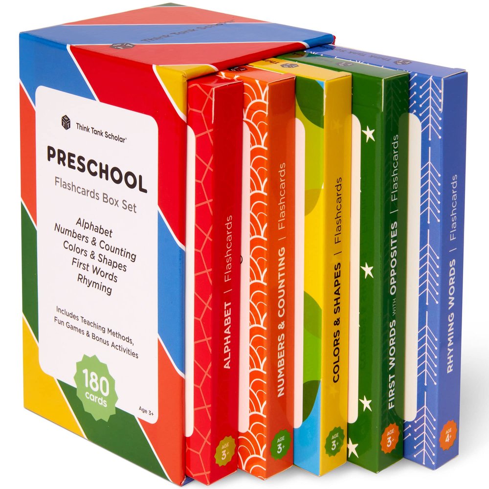 Award-Winning Flash Cards for Preschool & Kindergarten 5-Deck Set, 180 Jumbo Cards Learn Alphabet, Numbers, Colors, Shapes, First Words, Opposites & Rhyming for Kids Ages 25
